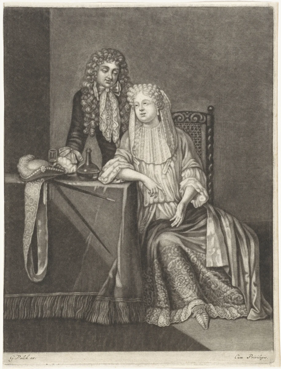 Paar aan een tafel by anonymous, print, 1662-1726