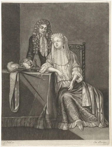 Paar aan een tafel by anonymous, print, 1662-1726