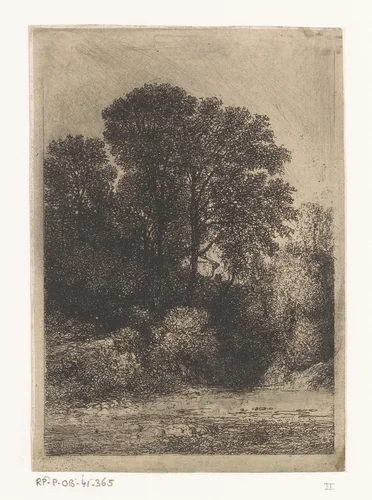 Bomen langs de oever van een beek by Jean Alexis Achard, print, 1851
