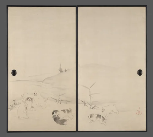 Puppies in the Snow by Nagasawa Rosetsu (長澤蘆雪), painting, 1792-1799