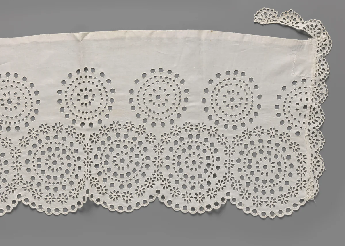 Strook katoen met kantborduurwerk met opengewerkte concentrische cirkels by C.I. Bosch Reitz-Teding van Berkhout, other, 1860-1880