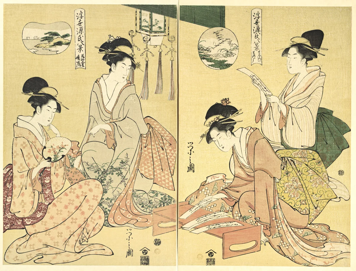 Spirit Summoner; Wild Geese Returning Home (Maboroshi; Rakugan) (right) and A Thin Veil of Clouds; Clearing Weather (Usugumo; Seiran) (left), from the series Eight Views of The Tale of Genji in the Floating World (Ukiyo Genji hakkei) by Chōbunsai Eishi (鳥文斎栄之), print, 1797-1799