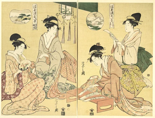 Spirit Summoner; Wild Geese Returning Home (Maboroshi; Rakugan) (right) and A Thin Veil of Clouds; Clearing Weather (Usugumo; Seiran) (left), from the series Eight Views of The Tale of Genji in the Floating World (Ukiyo Genji hakkei) by Chōbunsai Eishi (鳥文斎栄之), print, 1797-1799