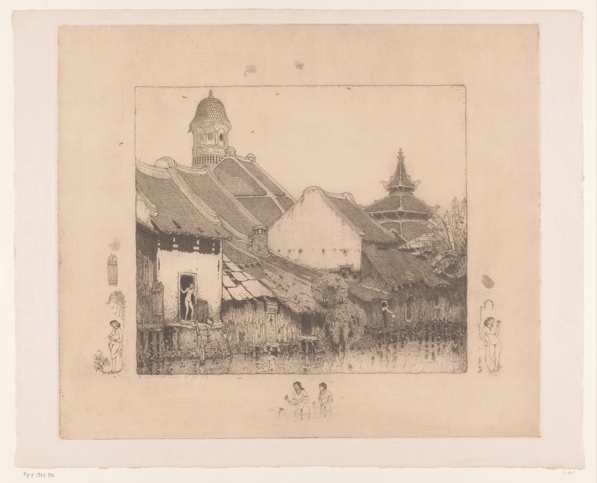 Huizen en baadsters in Semarang by Wijnand Otto Jan Nieuwenkamp, print, 1917