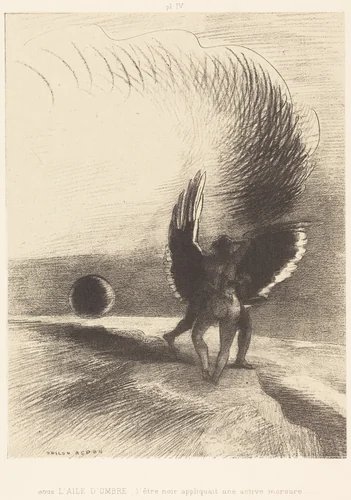 Sous l'aile d'ombre, l'etre noir appliquait une active morsure (Beneath the wing of shadow the black creature was biting energetically) by Odilon Redon, print, 1891