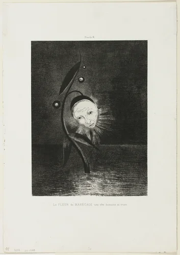 The Marsh Flower, a Sad Human Head, plate 2 of 6 by Odilon Redon, print, 1885