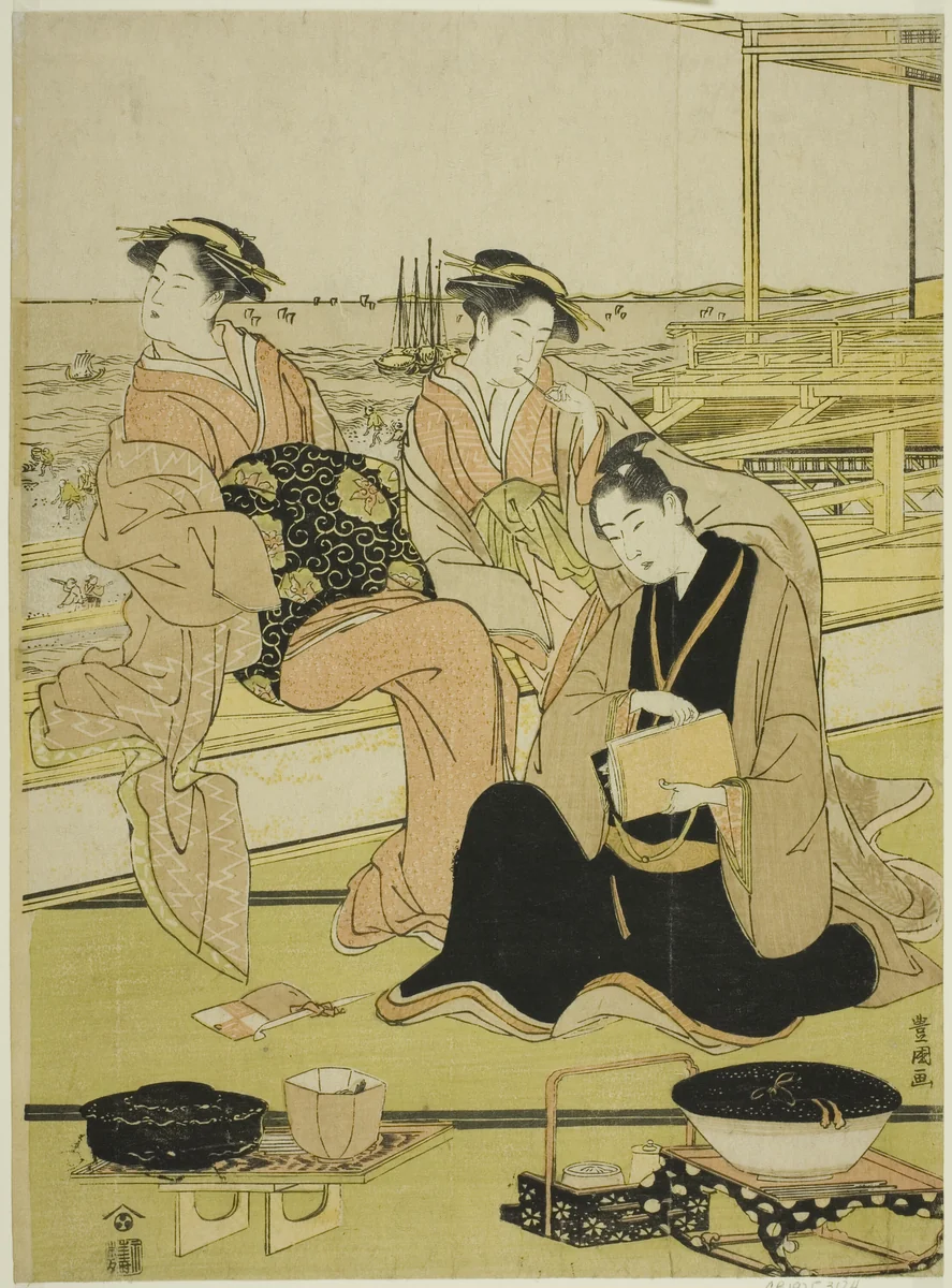 Overlooking the bay at Shinagawa by Utagawa Toyokuni I (初代 歌川 豊国), print, 1785-1795