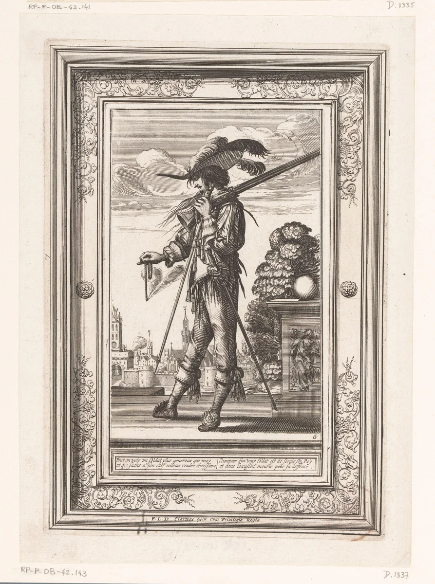 Man met haakbus op wacht, gekleed volgens de mode van ca. 1630 by Abraham Bosse, print, 1639