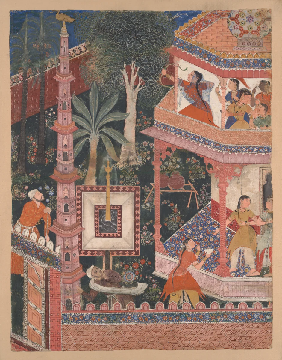 "Mihrdukht Aims her Arrow at the Ring," Folio from the Hamzanama (The Adventures of Hamza) by Basawan, manuscript, 1545-1595