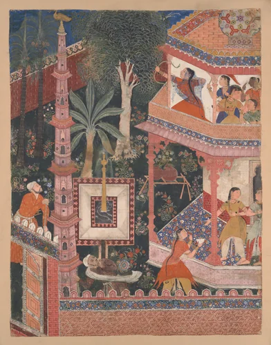 "Mihrdukht Aims her Arrow at the Ring," Folio from the Hamzanama (The Adventures of Hamza) by Basawan, manuscript, 1545-1595