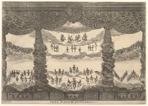 Sixth scene, the heavens, from "The marriage of the gods" (Le nozze degli Dei) by Stefano della Bella, print, 1637
