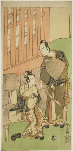 The Actors Ichikawa Komazo II as Soga no Juro Sukenari (right), and Ichikawa Danjuro V as Soga no Goro Tokimune (left), in Komuso Attires, in the Play Sakaicho Soga Nendaiki, Performed at the Nakamura Theater in the First Month, 1771 by Katsukawa Shunsho (勝川 春章), print, 1766-1776