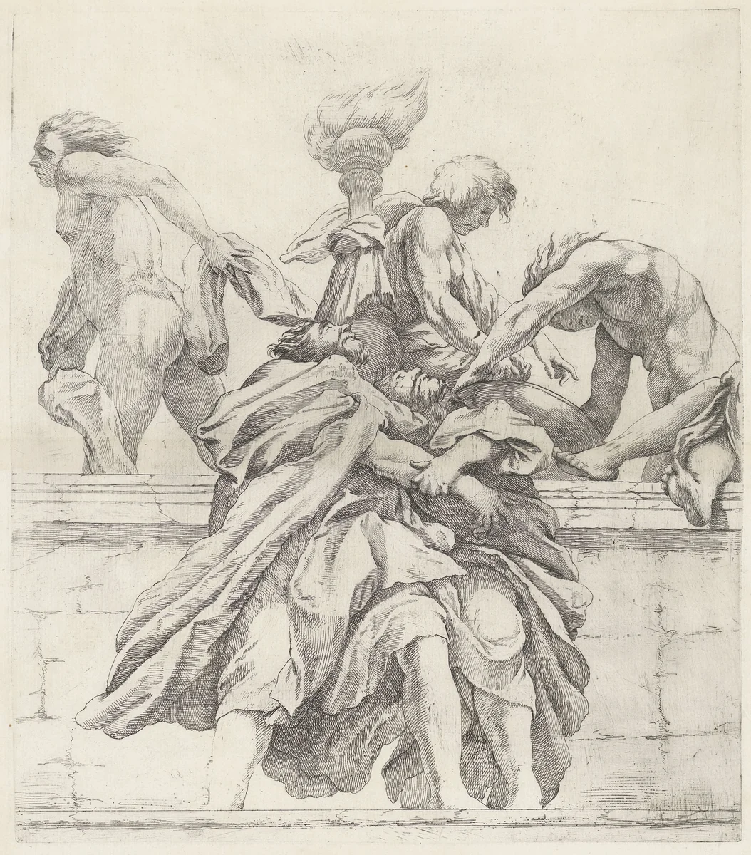 Twee apostelen elkaar omhelzend en drie engelen by Giovanni Battista Vanni, print, 1609-1660