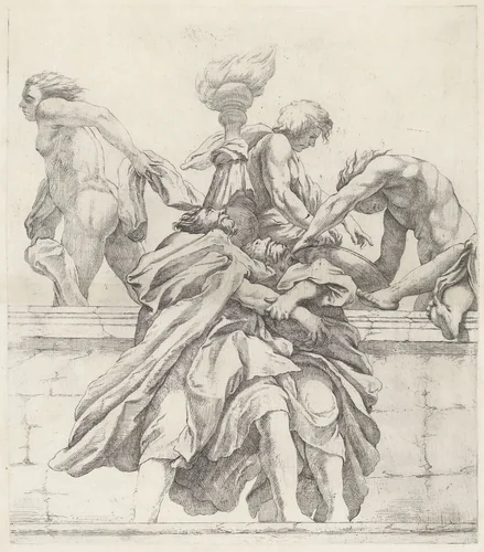 Twee apostelen elkaar omhelzend en drie engelen by Giovanni Battista Vanni, print, 1609-1660