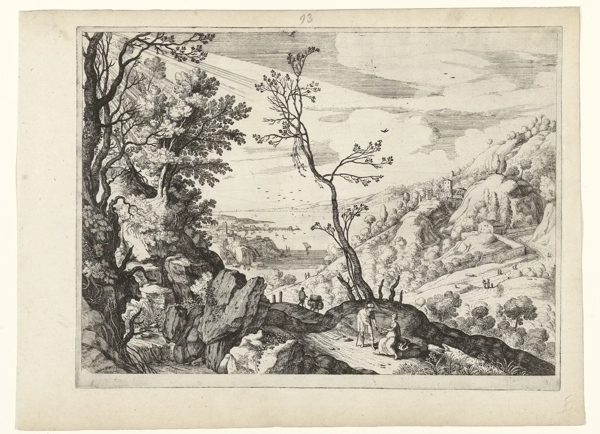 Landschap met Juda en Tamar by Guilliam van Nieulandt, print, 1594-1635
