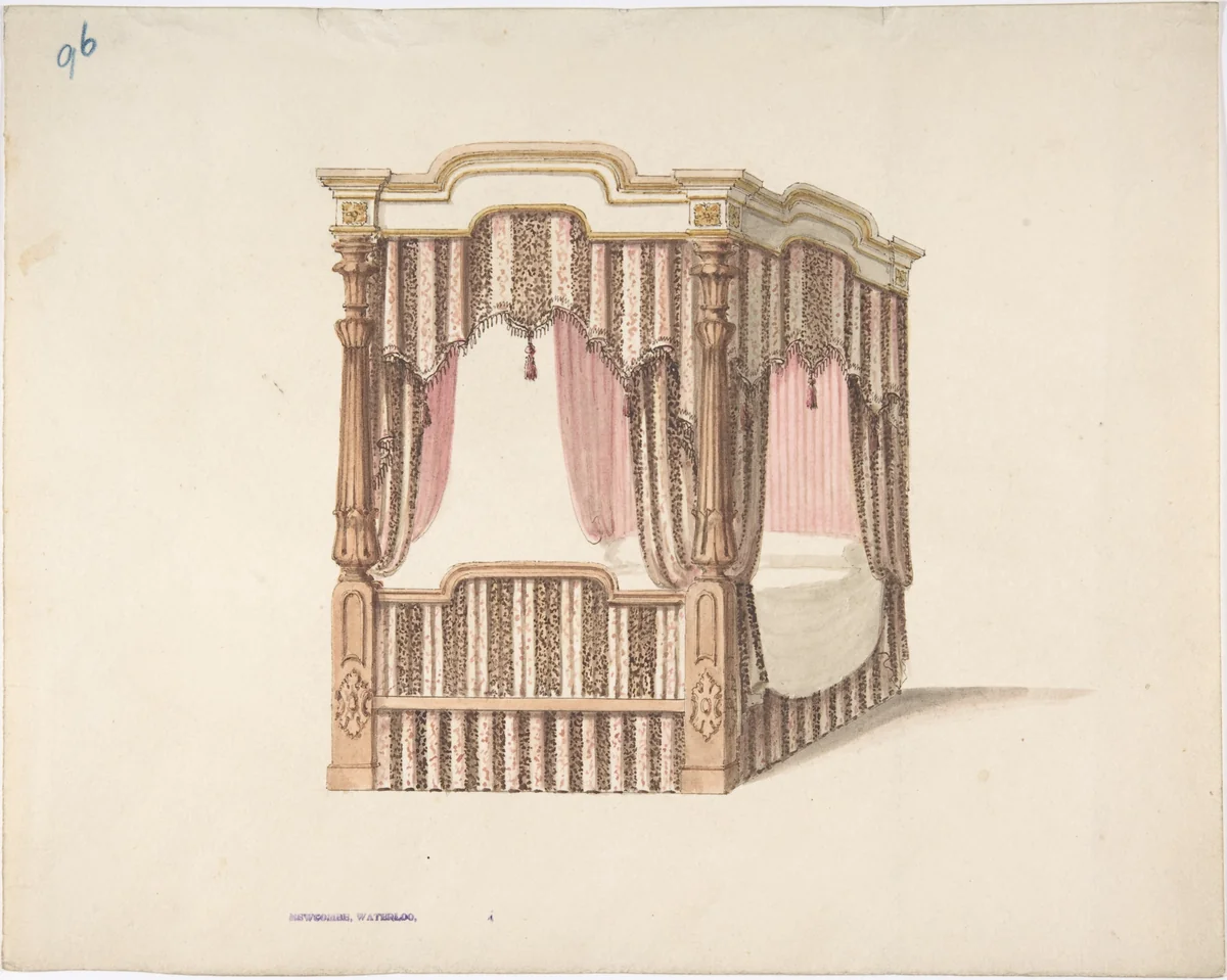 Design for a Four-poster Bed with Pink, Brown and White Draperies by anonymous, drawing, 1815-1840