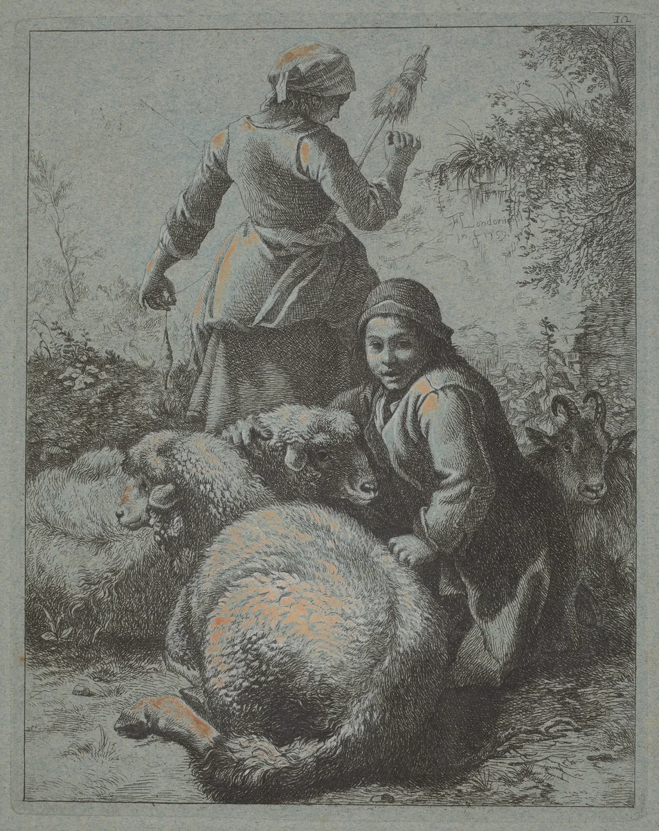 Woman Spinner and a Shepherd with Flock by Francesco Londonio, print, 1723-1783