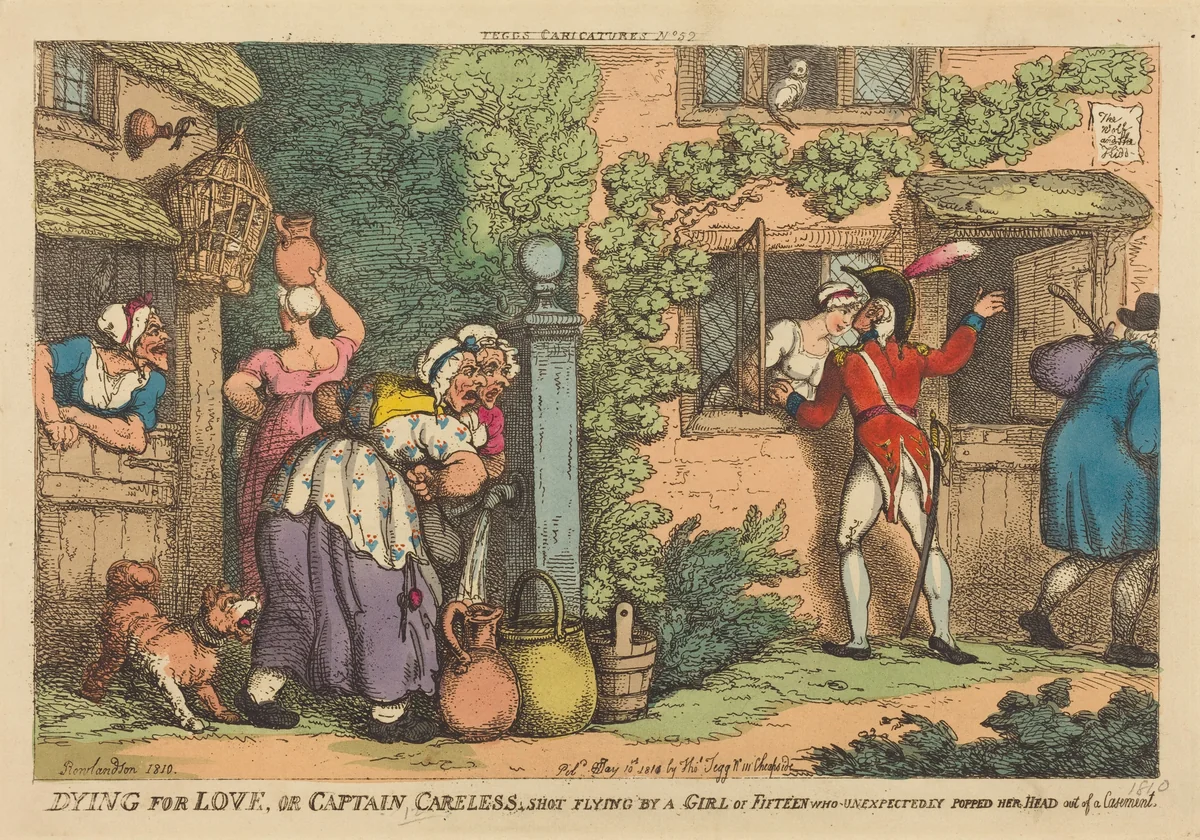 Dying for Love, or Captain Careless shot flying by a Girl of Fifteen, who Unexpectedly Popped her Head out of a Casement by Thomas Rowlandson, print, 1810