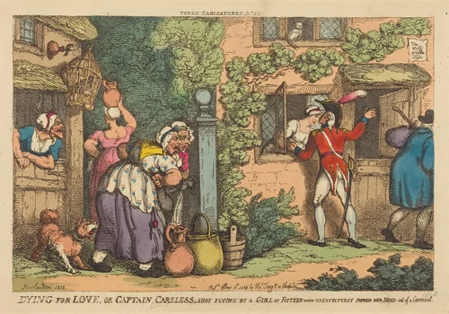 Dying for Love, or Captain Careless shot flying by a Girl of Fifteen, who Unexpectedly Popped her Head out of a Casement by Thomas Rowlandson, print, 1810