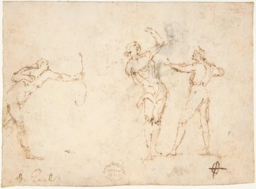 The Martyrdom of Saint Sebastian (recto); Bearded Old Man Blessing Seen in Half-length (verso) by Francesco Allegrini, drawing, 1624-1663