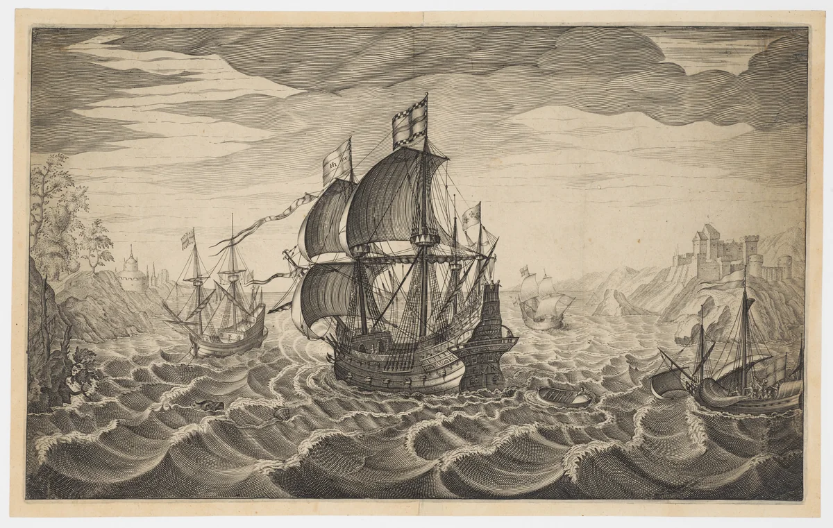 Four Sailing Ships on Choppy Seas by Robert Willemsz. de Baudous, print, 1598-1635