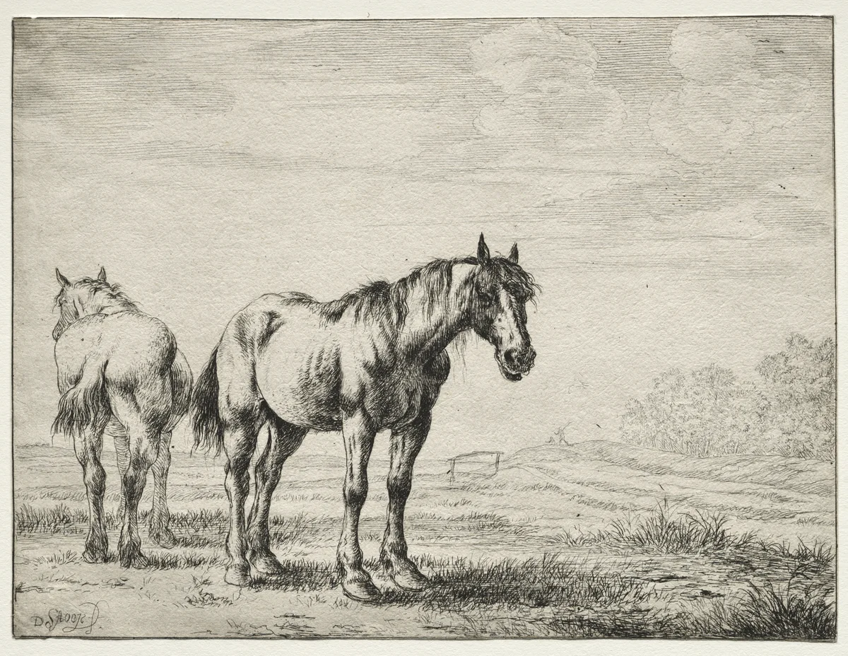 Two plough horses by Dirck Stoop, print