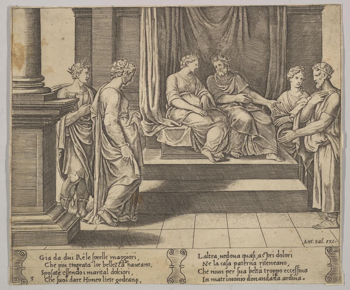 Plate 3: Psyche's two sisters are married to kings, from "The Fable of Psyche" by Master of the Die, print, 1530-1560