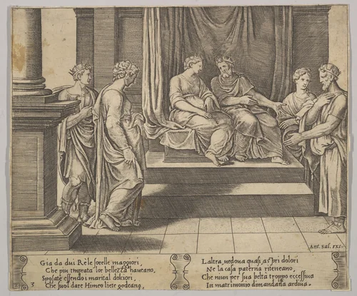 Plate 3: Psyche's two sisters are married to kings, from "The Fable of Psyche" by Master of the Die, print, 1530-1560