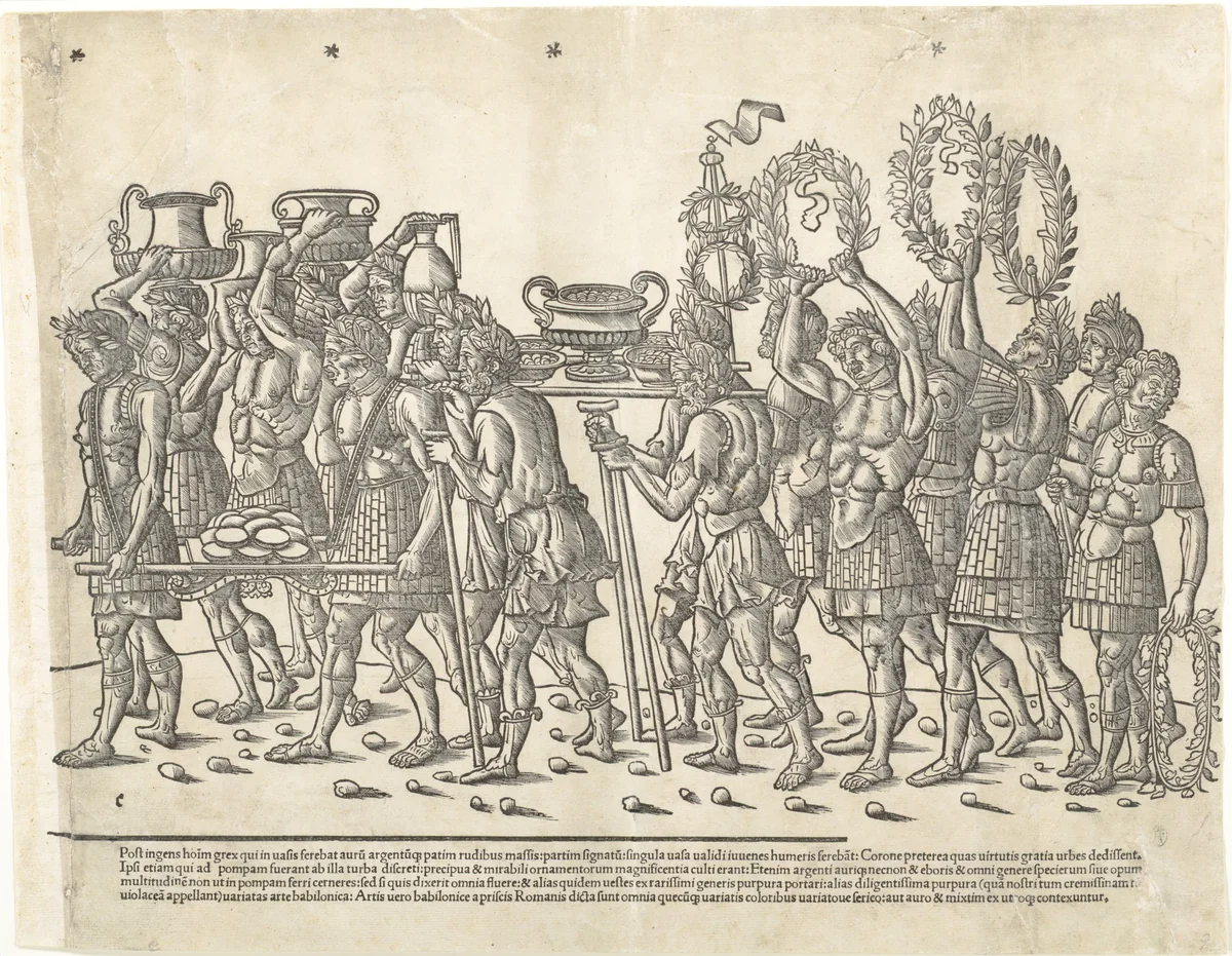 Figures bearing trophies and and carrying wreaths, from "The Triumph of Caesar" by Jacob, print, 1504