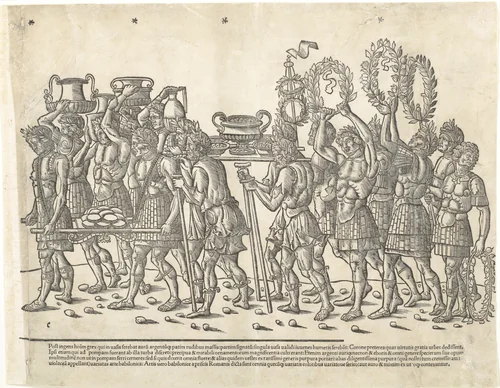Figures bearing trophies and and carrying wreaths, from "The Triumph of Caesar" by Jacob, print, 1504