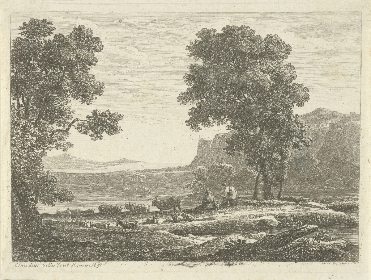 Landschap met twee herders by anonymous, print, 1651-1701