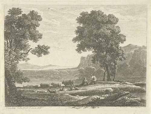 Landschap met twee herders by anonymous, print, 1651-1701