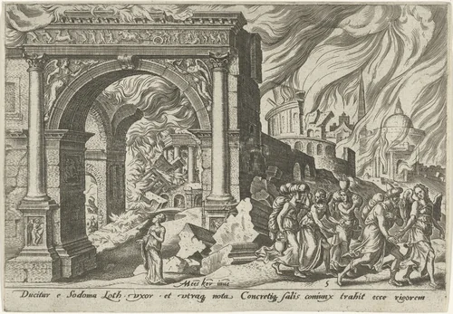 Loth en zijn familie verlaten de stad Sodom by Philips Galle, print, 1569