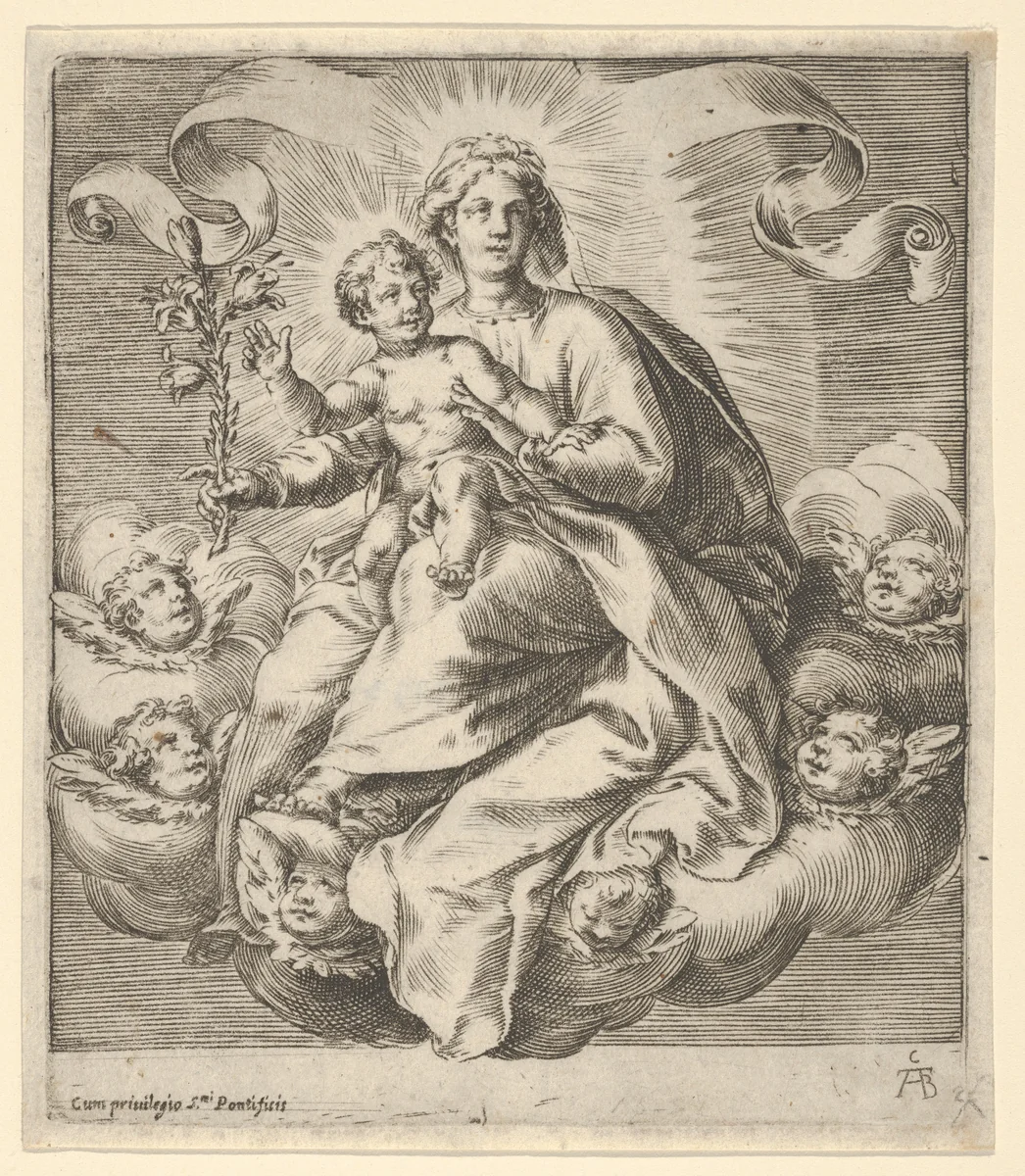 Madonna holding a lily branch with the Christ Child on her lap, seated on clouds, surrounded by cherub heads by Cherubino Alberti, print, 1570-1615