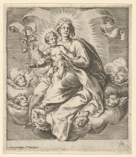 Madonna holding a lily branch with the Christ Child on her lap, seated on clouds, surrounded by cherub heads by Cherubino Alberti, print, 1570-1615