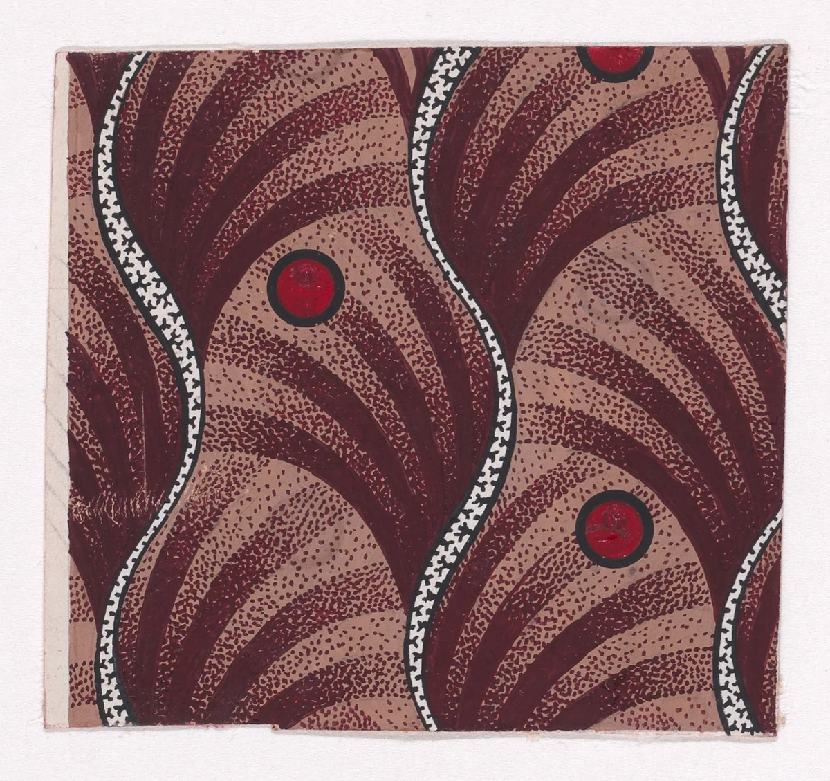 Textile Design with Alternating Vertical Stripes of Undulating Ribbons Outlined with Branches and Circles Over a Background of Shifting Scales with Stripes by anonymous, drawing, 1840