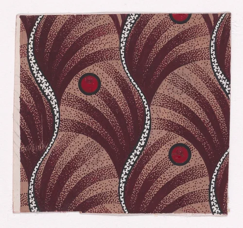 Textile Design with Alternating Vertical Stripes of Undulating Ribbons Outlined with Branches and Circles Over a Background of Shifting Scales with Stripes by anonymous, drawing, 1840