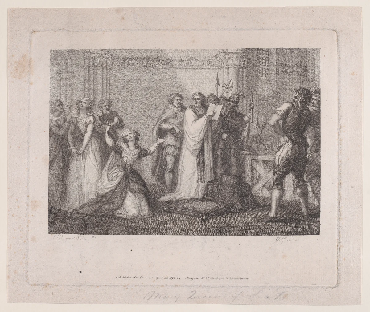 Mary, Queen of Scots kneeling on the scaffold by William Nelson Gardiner, print, 1790