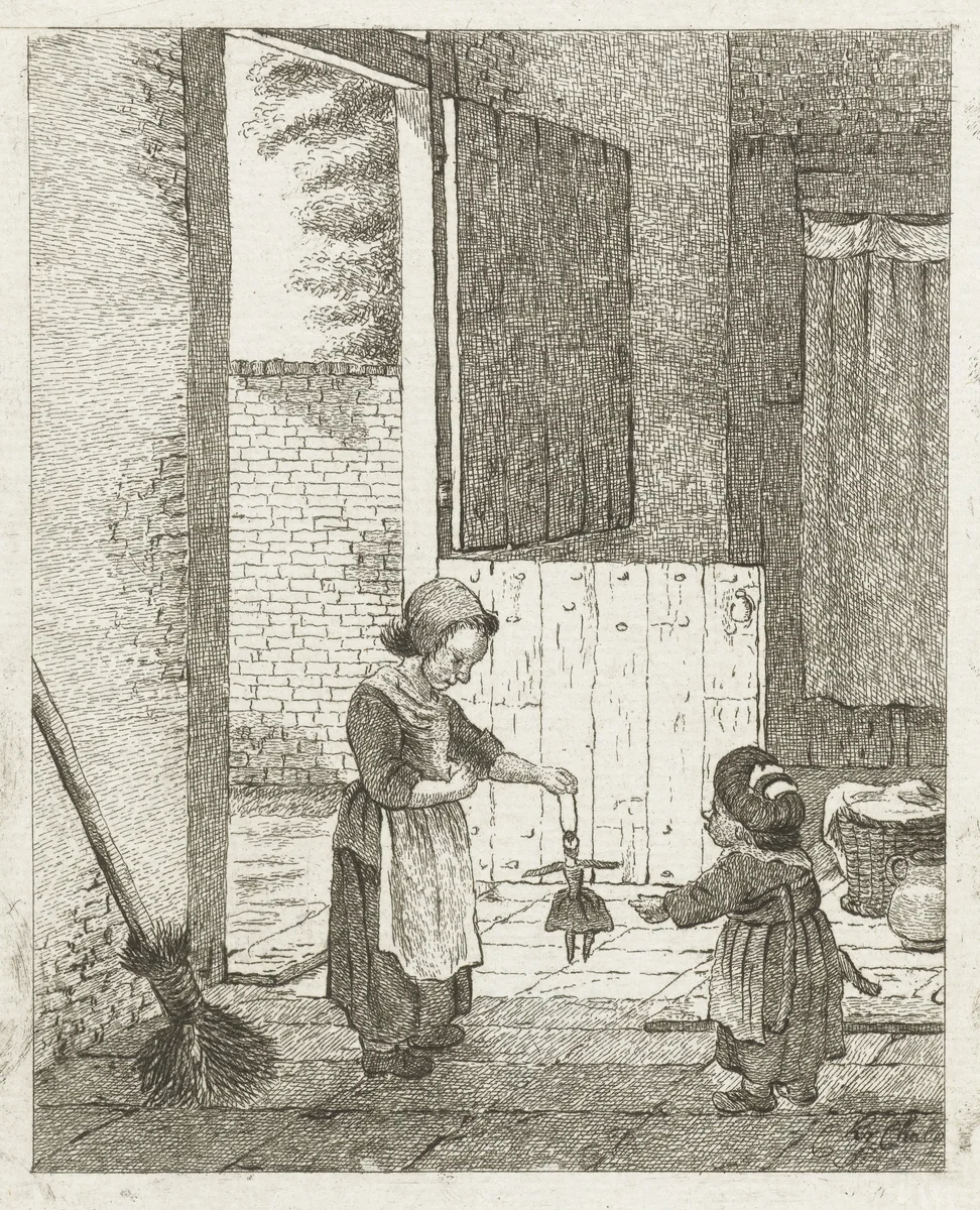 Twee meisjes spelend met een pop by Pieter de Mare, print, 1779