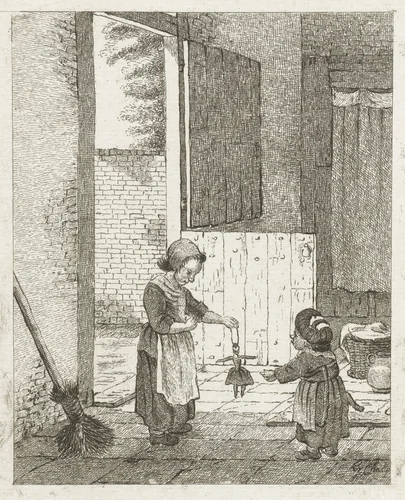 Twee meisjes spelend met een pop by Pieter de Mare, print, 1779