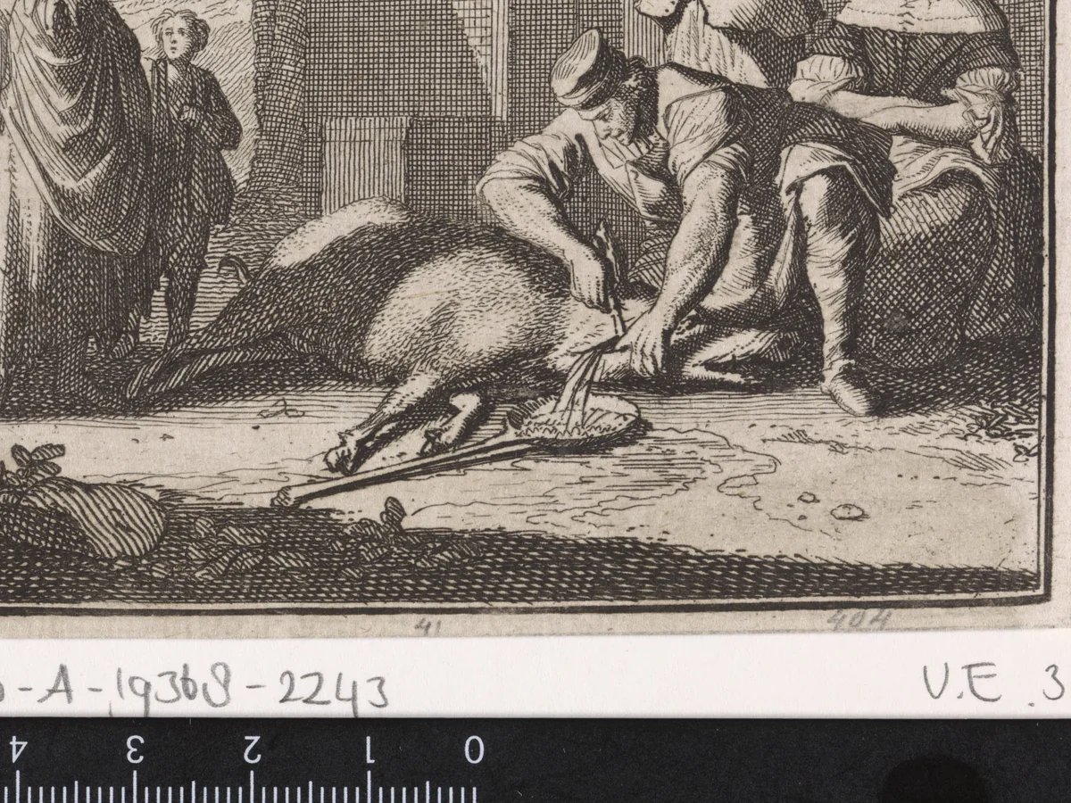 Slacht van een varken onder toeziend oog van een welgesteld echtpaar en een arme vrouw met kind by Caspar Luyken, print, 1704