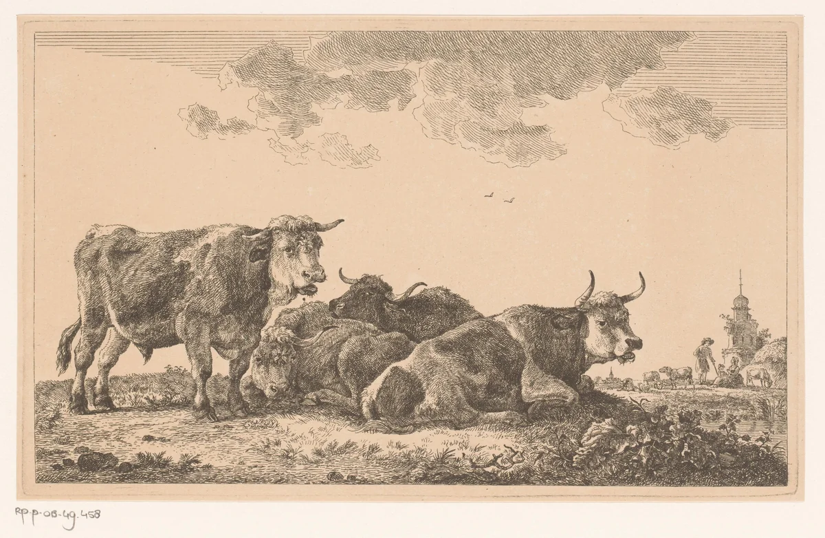 Vier runderen in de weide by Jean Baptiste de Roy, print, 1769-1839