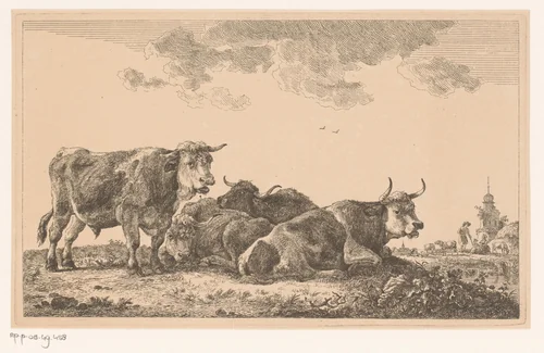 Vier runderen in de weide by Jean Baptiste de Roy, print, 1769-1839