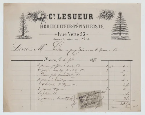 Invoice from Ct. Lesueur, horticulture-nursery, Rouen, for fruit trees by Lesueur, print, 1880