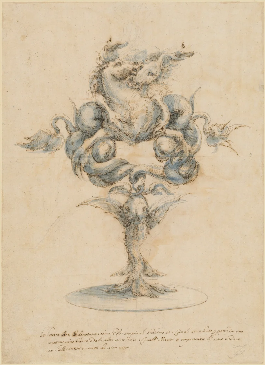A Wine Decanter with Two Fighting Sea Horses by Master of the Medici Banquet Decanters, drawing, 1650-1670
