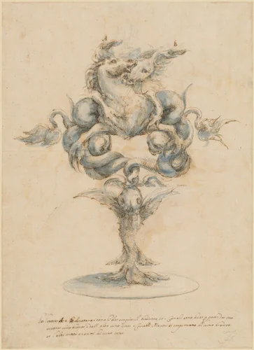 A Wine Decanter with Two Fighting Sea Horses by Master of the Medici Banquet Decanters, drawing, 1650-1670