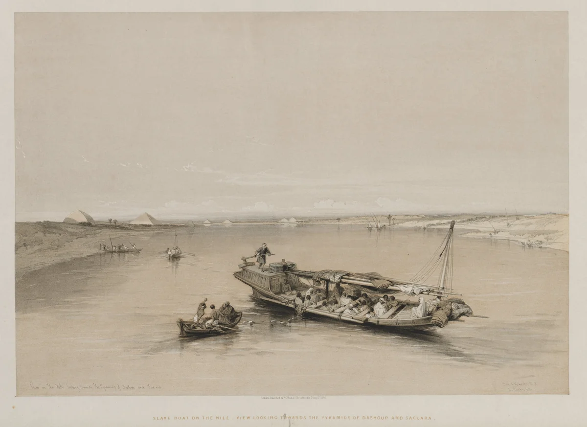 Egypt and Nubia, Volume I: View on the Nile Looking Towards the Pyramids of Dashour and Saccara by Louis Haghe, print, 1846