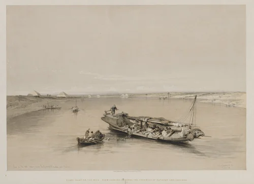Egypt and Nubia, Volume I: View on the Nile Looking Towards the Pyramids of Dashour and Saccara by Louis Haghe, print, 1846