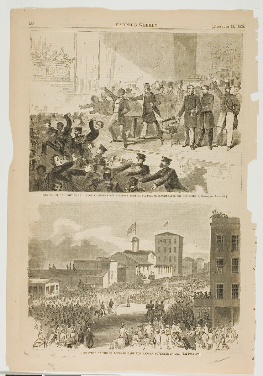 Expulsion of Negroes and Abolitionists from Tremont Temple, Boston, Massachusetts on December 3, 1860 by Winslow Homer, print, 1860