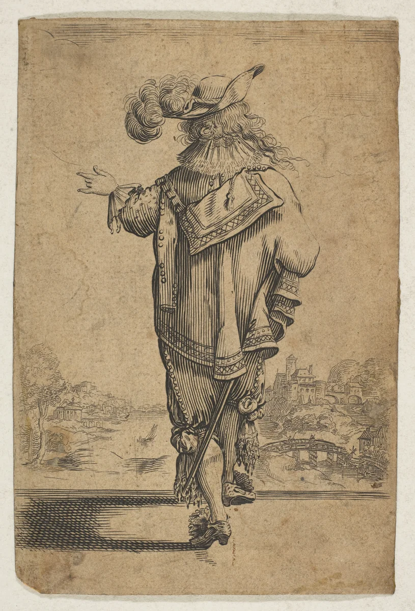 Gentleman Seen from the Back Indicating a Landscape by anonymous, print, 1629-1640